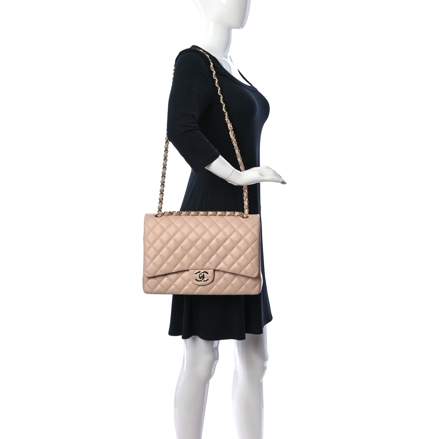 Caviar Quilted Maxi Double Flap Light Beige