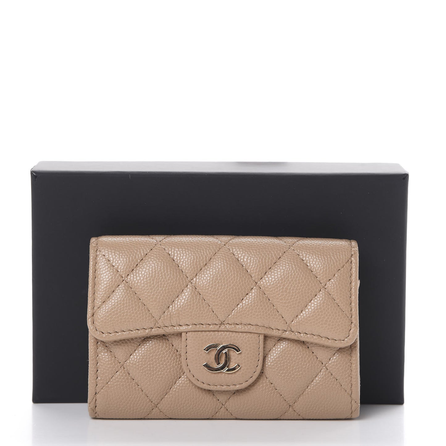 Caviar Quilted Flap Card Holder Wallet Beige