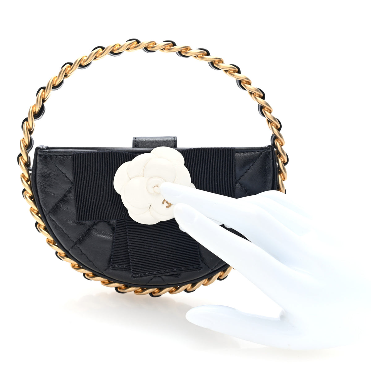 Chanel Lambskin Quilted Round Camellia Mini Clutch Black 2 of 8