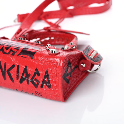 Balenciaga Calfskin Crocodile Embossed Graffiti Classic Hardware Mini City Bright Red Black 6 of 8