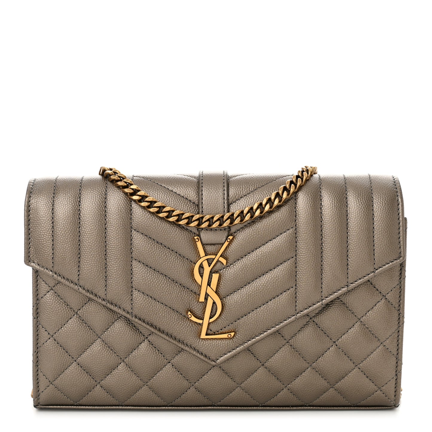 Metallic Grain De Poudre Mixed Matelasse Triquilt Monogram Chain Wallet Piombo