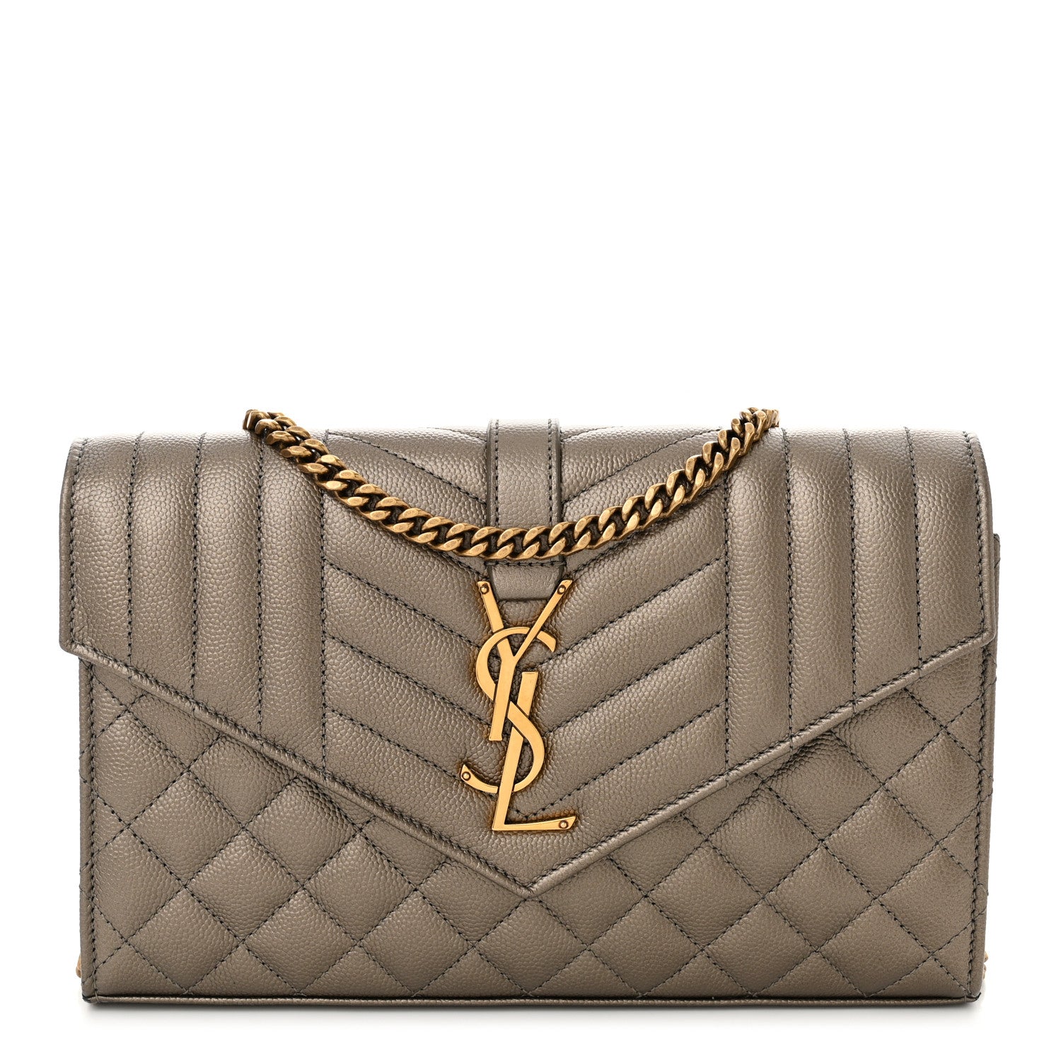 Saint Laurent Metallic Grain De Poudre Mixed Matelasse Triquilt Monogram Chain Wallet Piombo 1 of 12