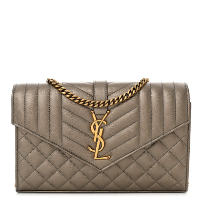 Saint Laurent Metallic Grain De Poudre Mixed Matelasse Triquilt Monogram Chain Wallet Piombo 1 of 12