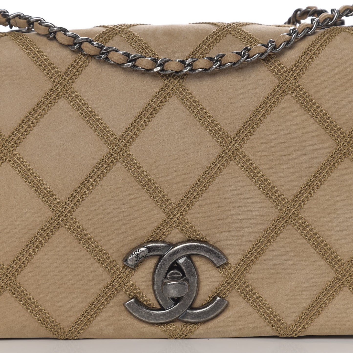 Suede Diamond Embellished Medium Single Flap Beige