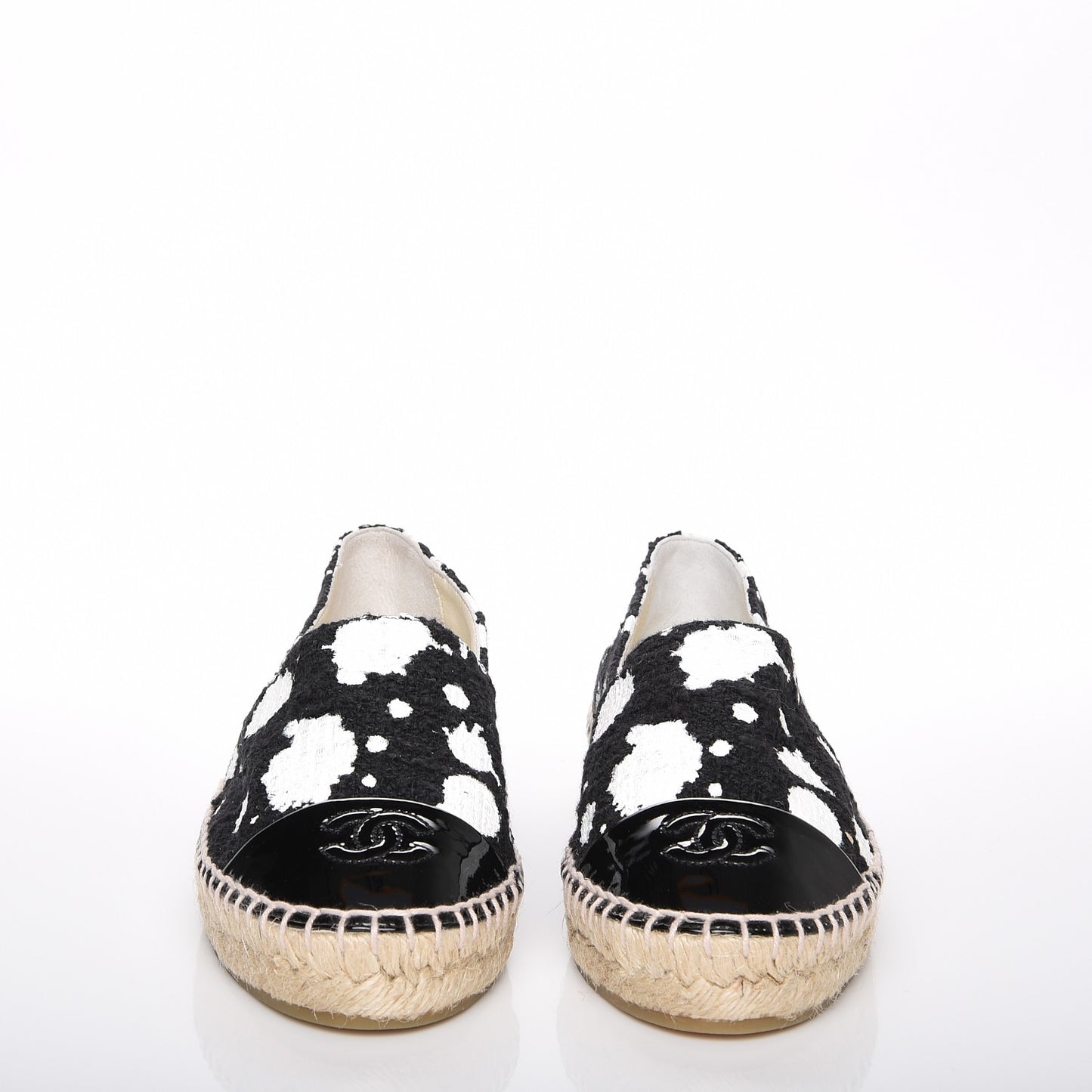 Printed Tweed Patent Calfskin CC Espadrilles 36 Black White