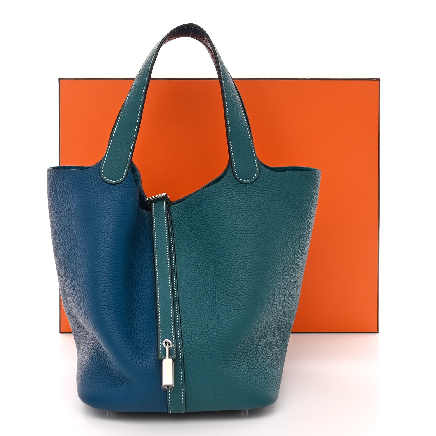 Hermes Taurillon Clemence Casaque Picotin Lock 22 MM Vert Bosphore Deep Bleu 11 of 11
