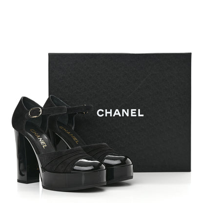 Chanel Patent Suede CC Platform Pumps 37.5 Black 13 of 13