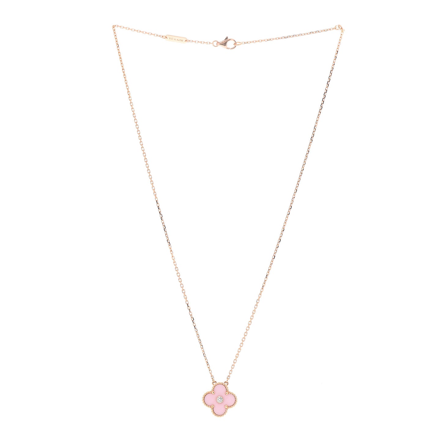 18K Rose Gold Diamond Pink Porcelain Vintage Alhambra Pendant Necklace