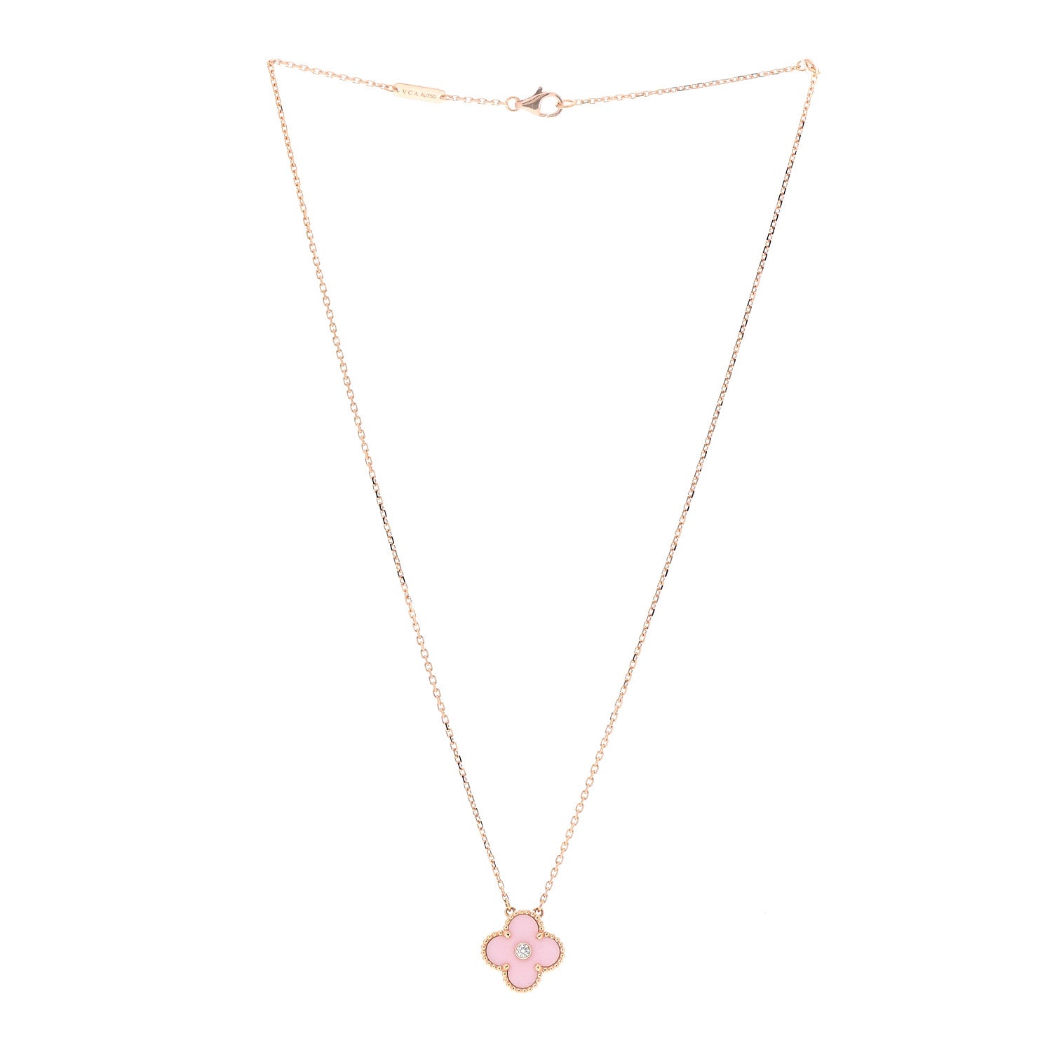 Van Cleef & Arpels 18K Rose Gold Diamond Pink Porcelain Vintage Alhambra Pendant Necklace 3 of 7