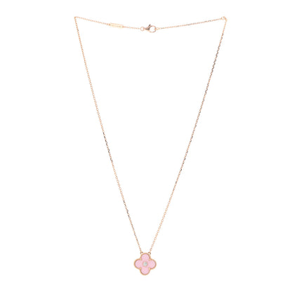 Van Cleef & Arpels 18K Rose Gold Diamond Pink Porcelain Vintage Alhambra Pendant Necklace 3 of 7