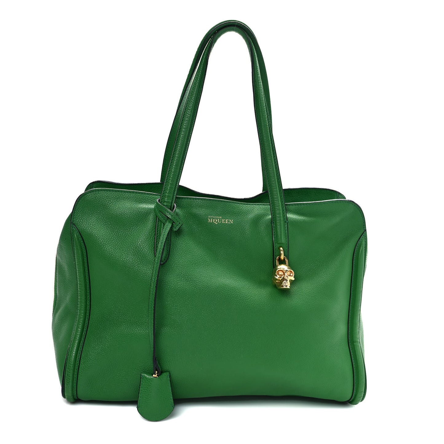 Pebbled Calfskin Large Skull Padlock Zip Around Tote Emerald