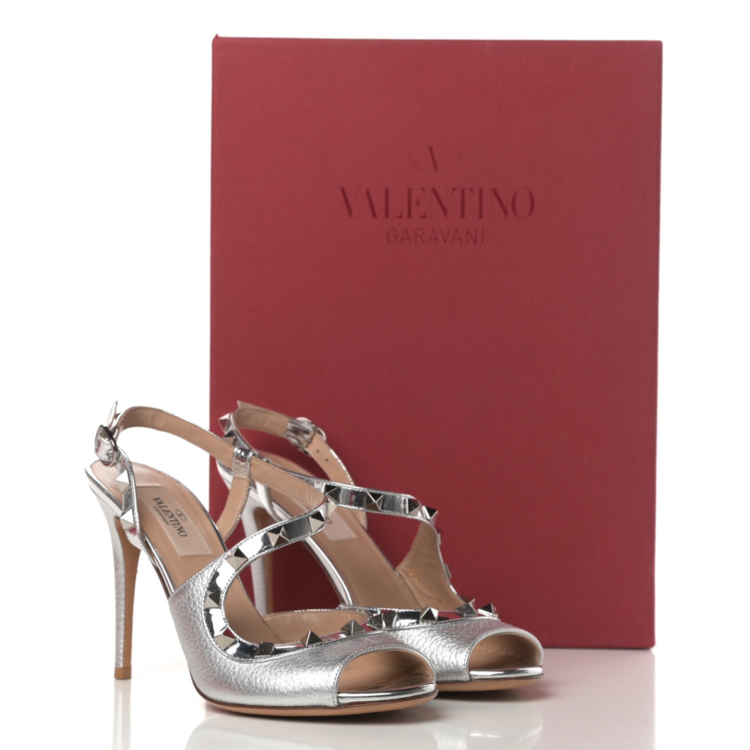Valentino Garavani Metallic Pebbled Calfskin Rockstud Asymmetric 100mm Sandals 35.5 Silver 15 of 15