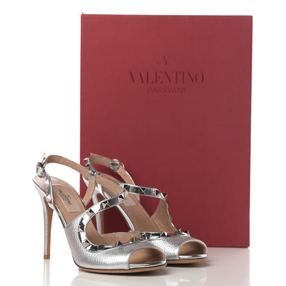 Valentino Garavani Metallic Pebbled Calfskin Rockstud Asymmetric 100mm Sandals 35.5 Silver 15 of 15