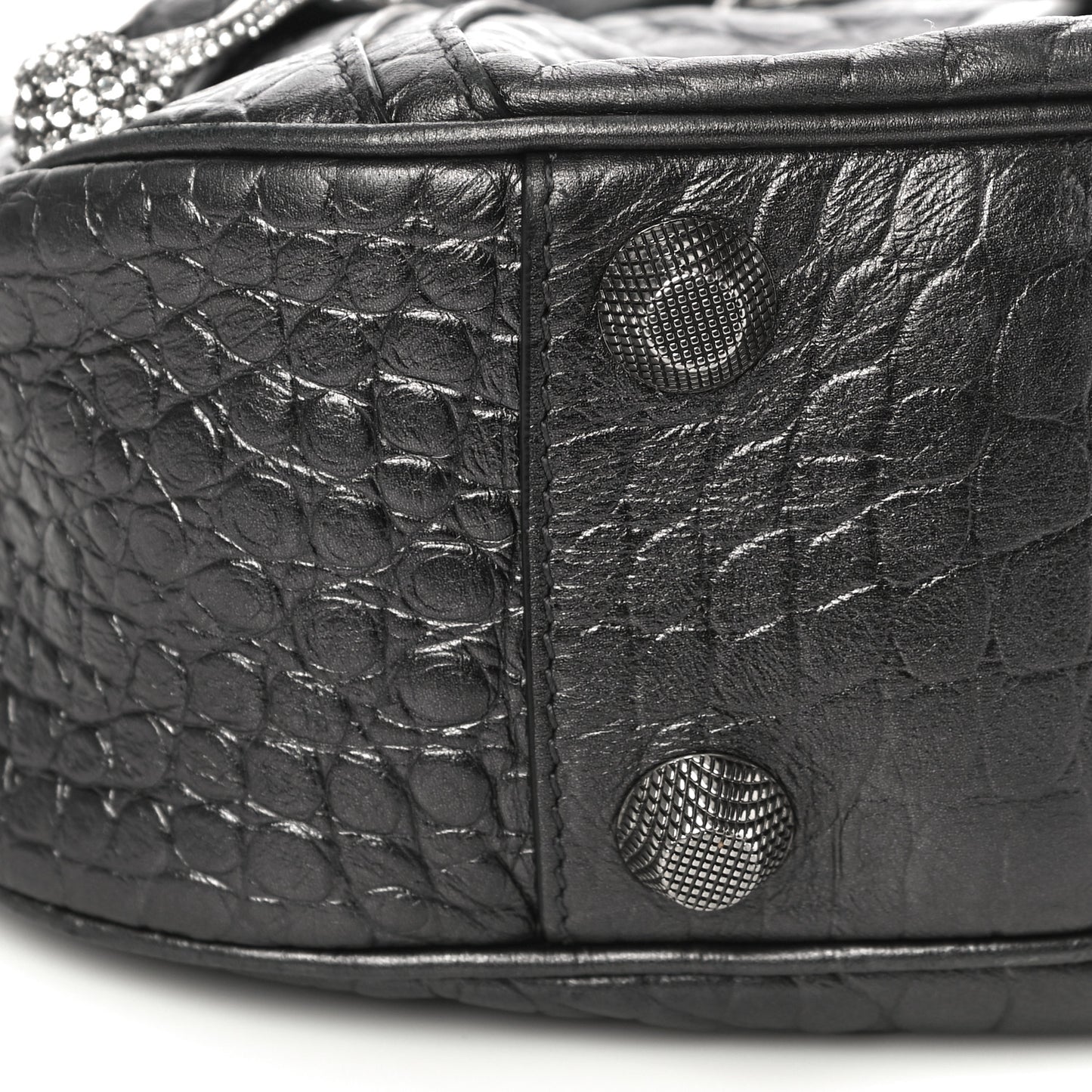 Metallic Calfskin Crocodile Embossed Crystal Small Le Cagole Shoulder Bag Gunmetal