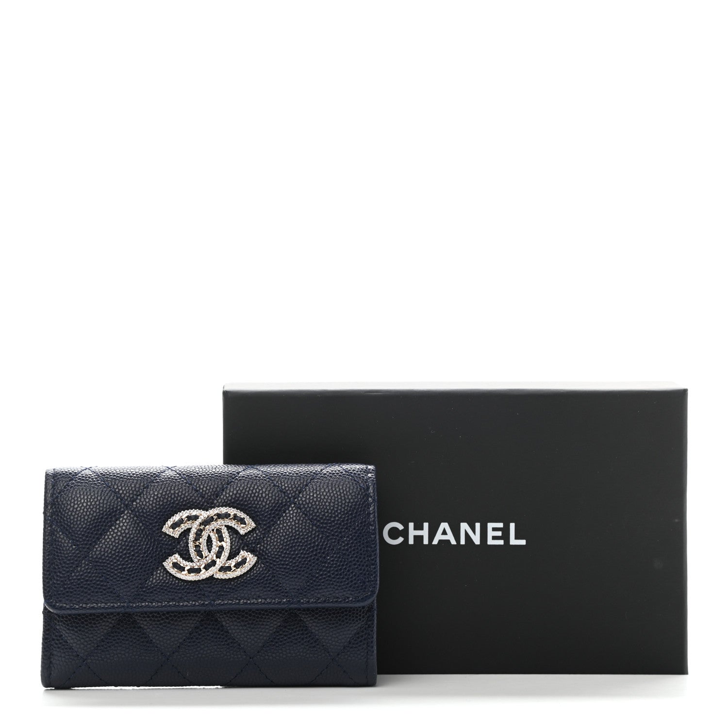 Chanel Caviar Quilted Crystal CC Flap Card Holder Navy Blue 8 of 8