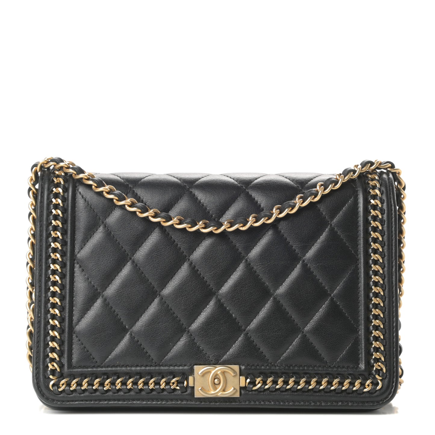Calfskin Quilted Chain Around Boy Wallet On Chain WOC Black