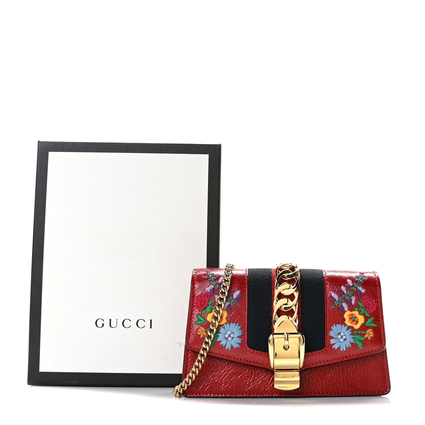 Patent Embroidered Super Mini Sylvie Chain Shoulder Bag Red