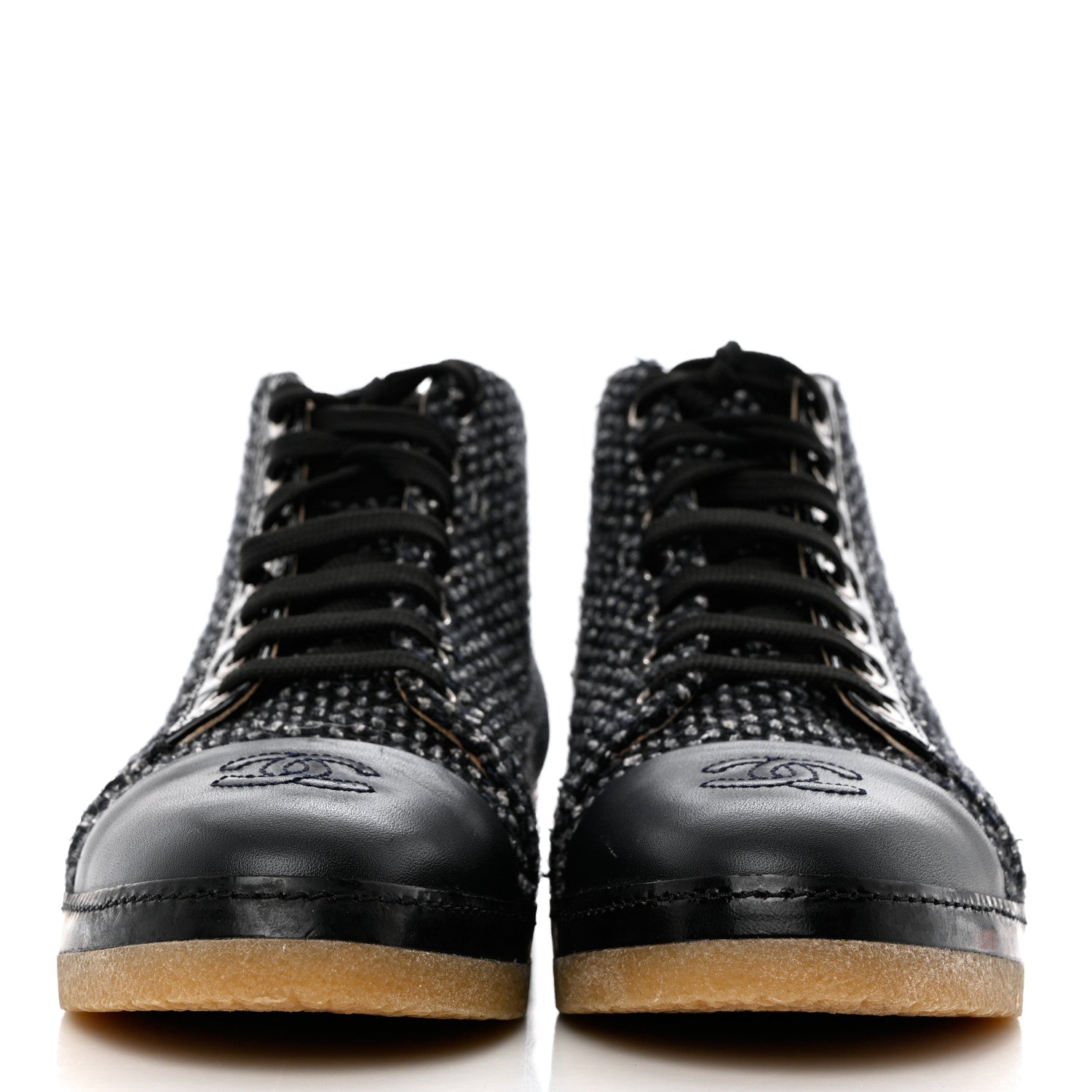 Chanel Tweed Calfskin Patent CC Lace Up Short Boots 38.5 Black Grey Dark Navy 2 of 10