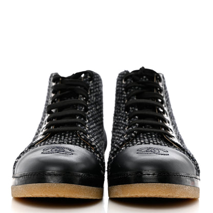 Chanel Tweed Calfskin Patent CC Lace Up Short Boots 38.5 Black Grey Dark Navy 2 of 10