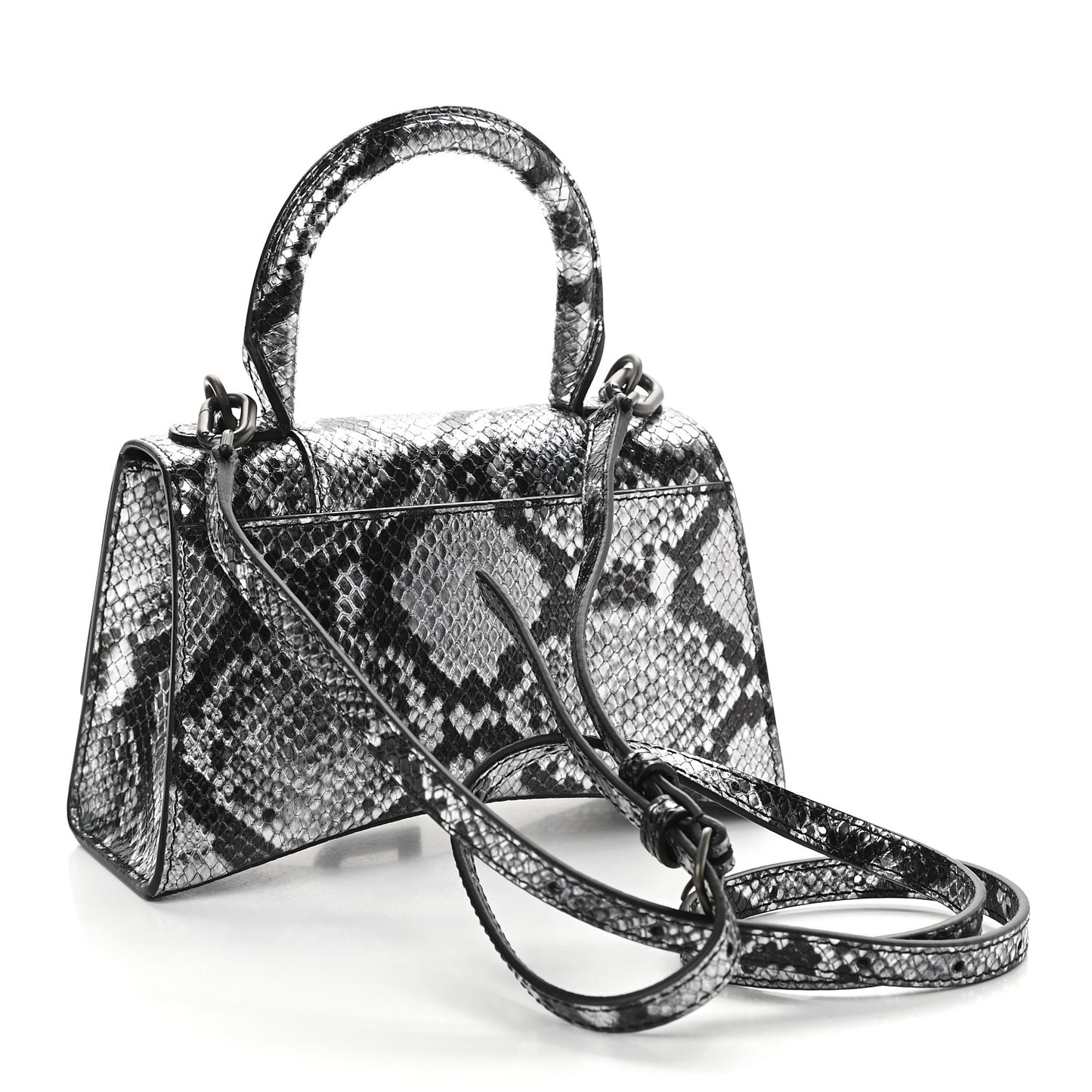 Shiny Calfskin Snakeskin Embossed Hourglass Top Handle Bag XS Silver Black