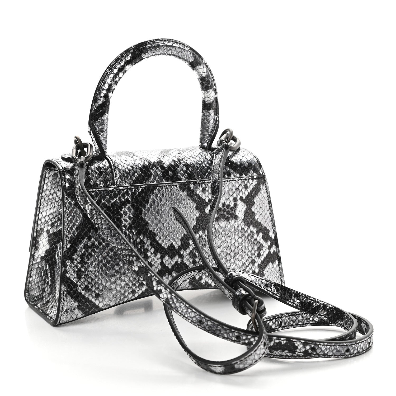 Balenciaga Shiny Calfskin Snakeskin Embossed Hourglass Top Handle Bag XS Silver Black 2 of 10