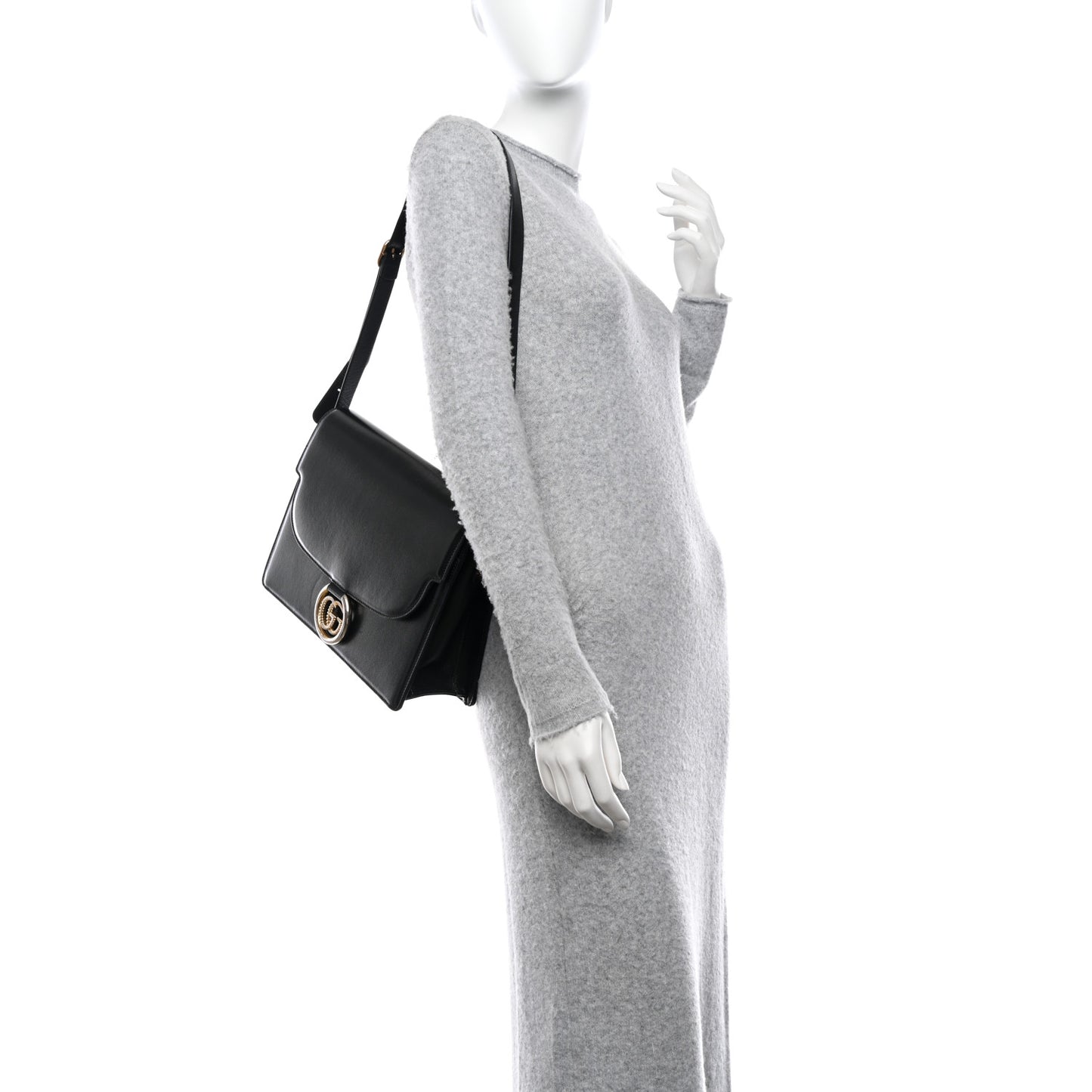 Textured Calfskin Medium Torchon GG Ring Shoulder Bag Black