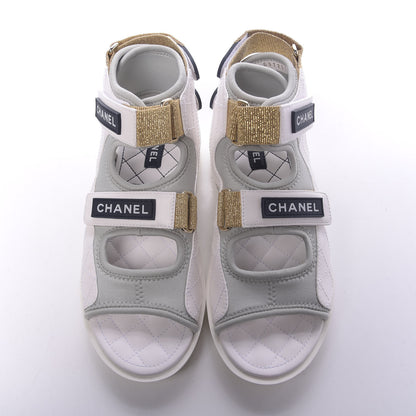 Chanel Goatskin Fabric Gladiator Sandals 37.5 White Light Grey Navy Blue 8 of 10