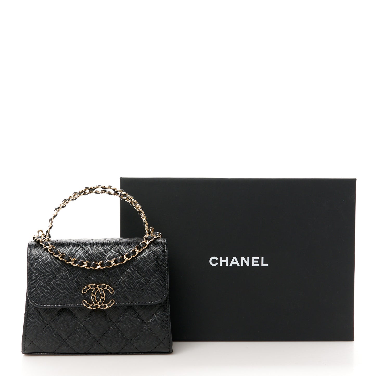 Caviar Quilted Double Chain Top Handle Flap With Chain Black