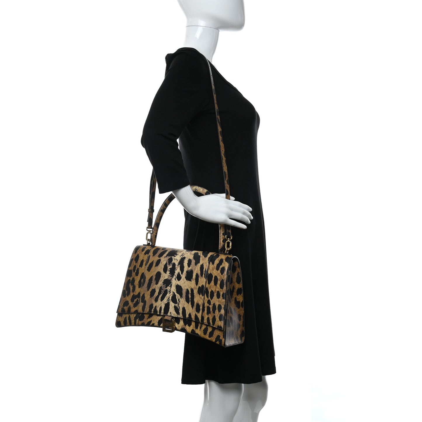 Smooth Calfskin Leopard Print Medium Hourglass Top Handle Bag Beige