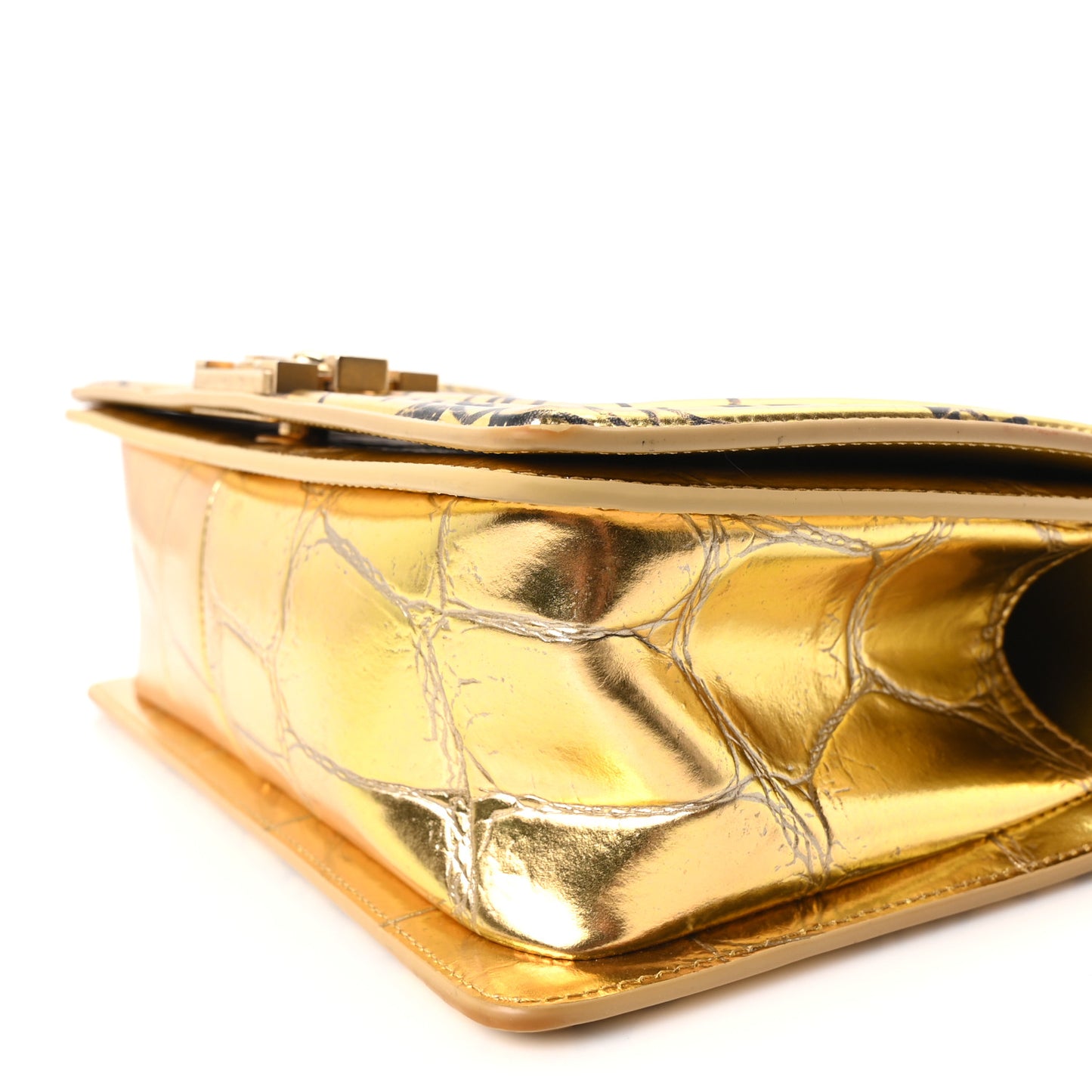 Metallic Calfskin Crocodile Embossed Graffiti Medium Cocodile Boy Flap Gold
