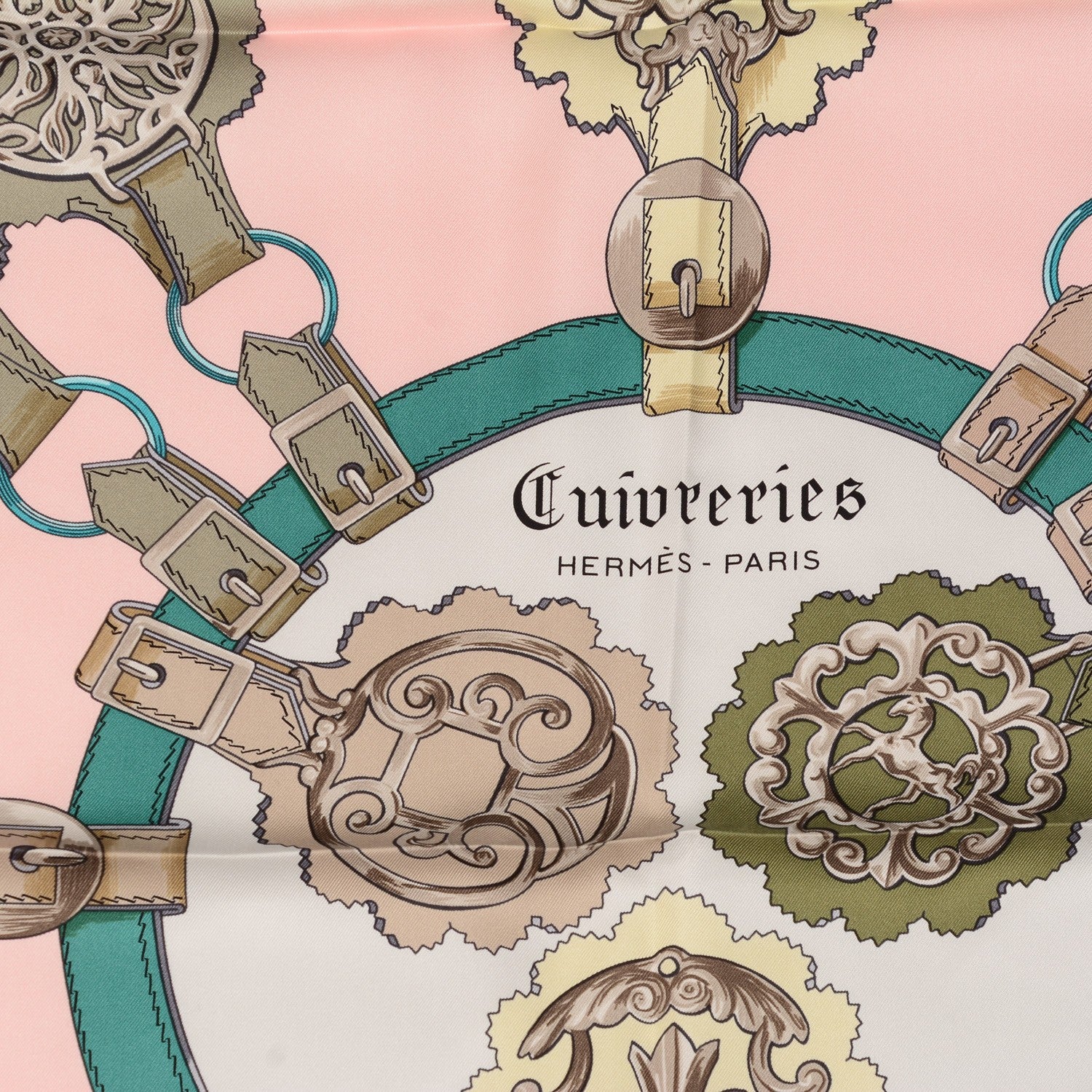Hermes Silk Cuivreries Scarf 90 Rose Poudre Gris Perle Vert 1 of 5