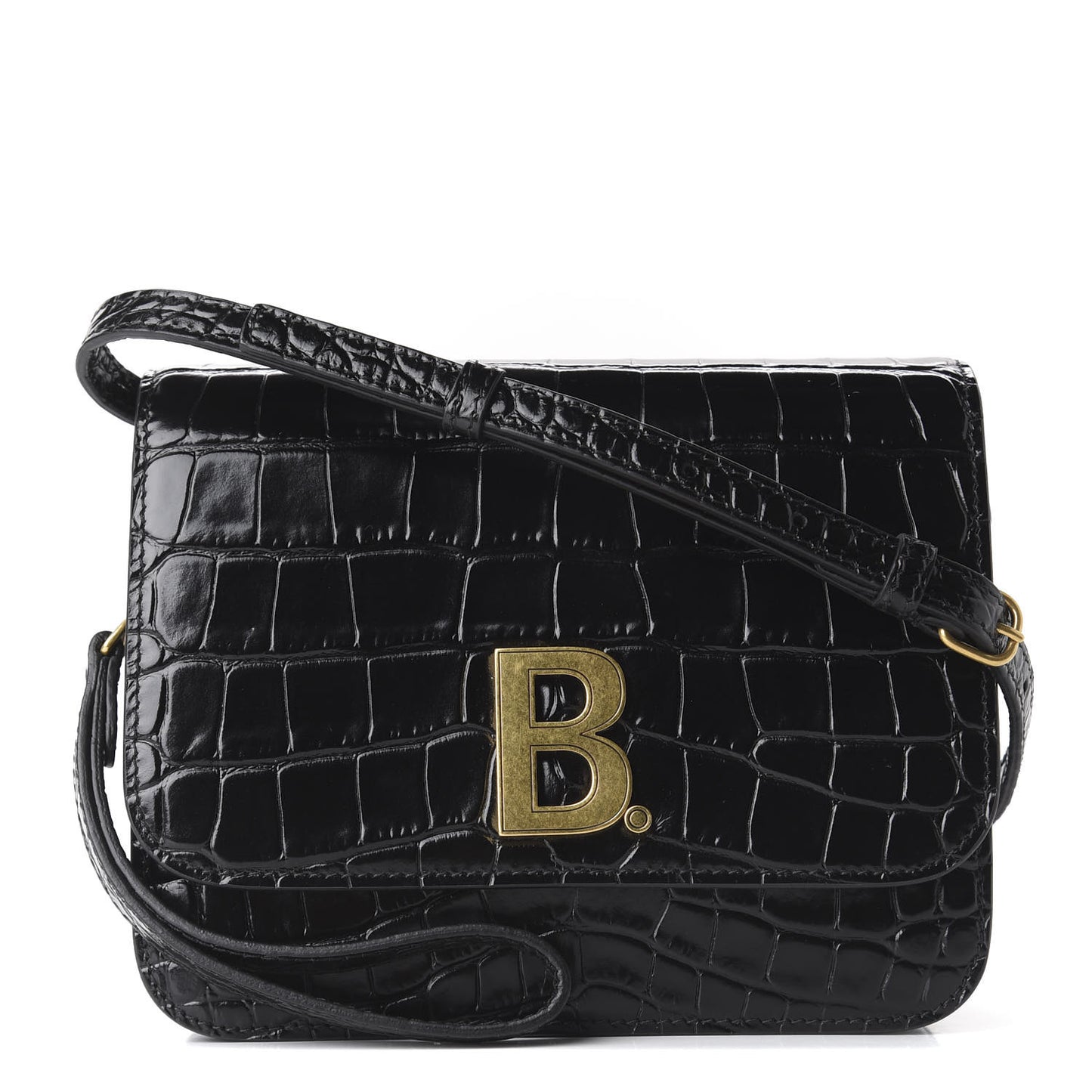 Shiny Calfskin Crocodile Embossed Small B Bag Black