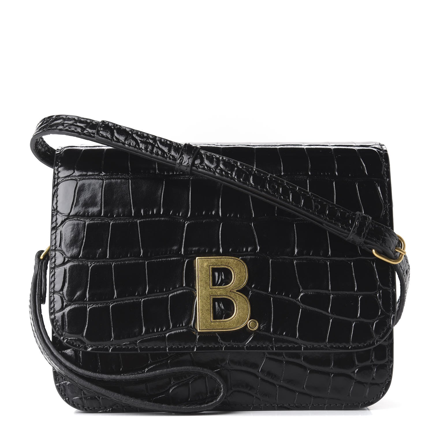 Balenciaga Shiny Calfskin Crocodile Embossed Small B Bag Black 1 of 9