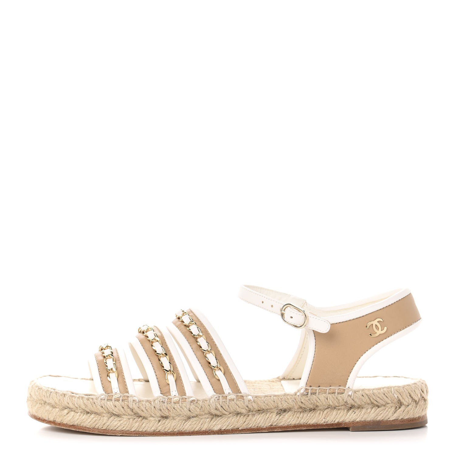 Chanel Lambskin Chain Espadrille Sandals 41 Beige White 1 of 13
