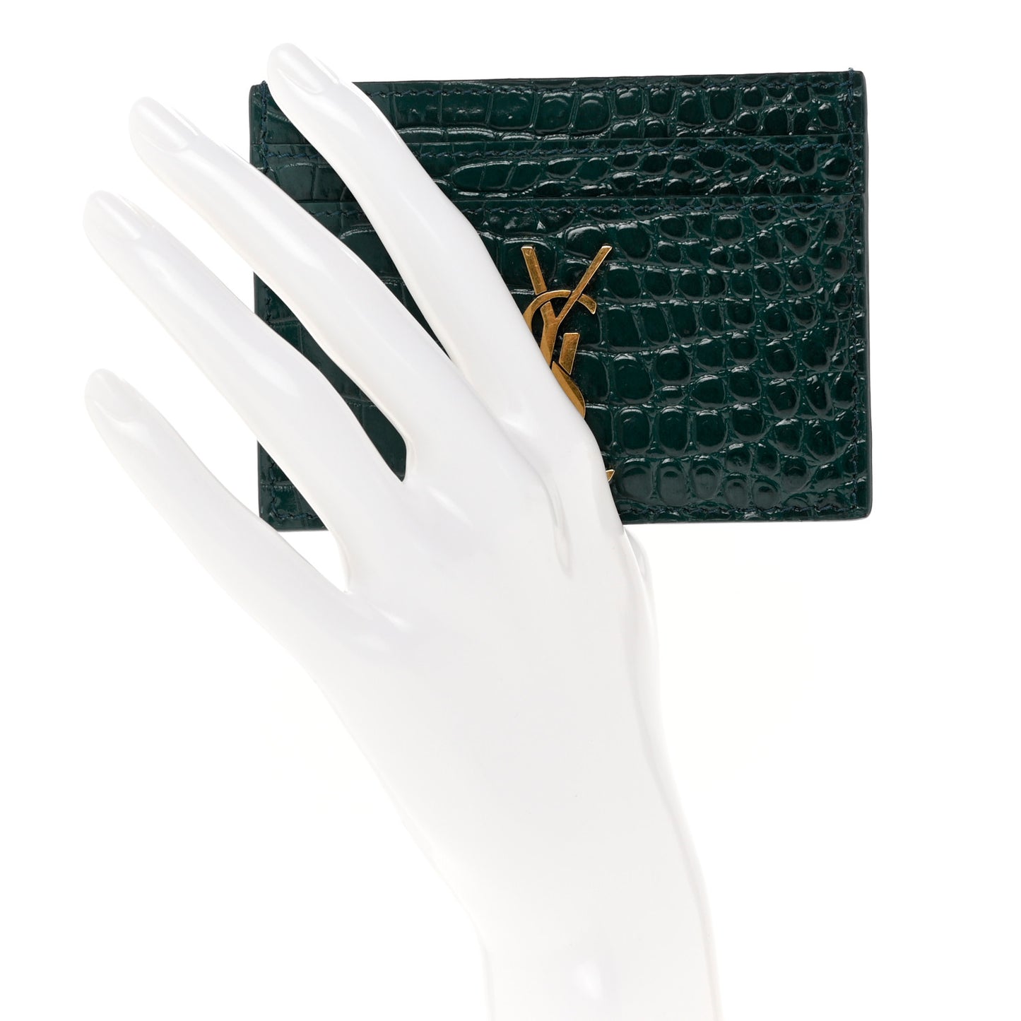 Calfskin Crocodile Embossed Monogram Credit Card Case Foliage Green