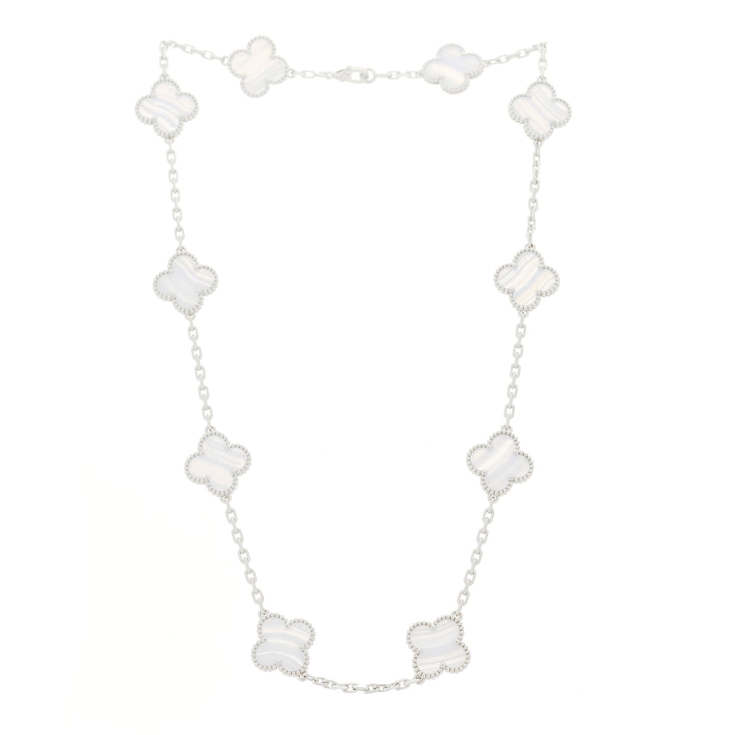 18K White Gold Chalcedony 10 Motifs Vintage Alhambra Necklace