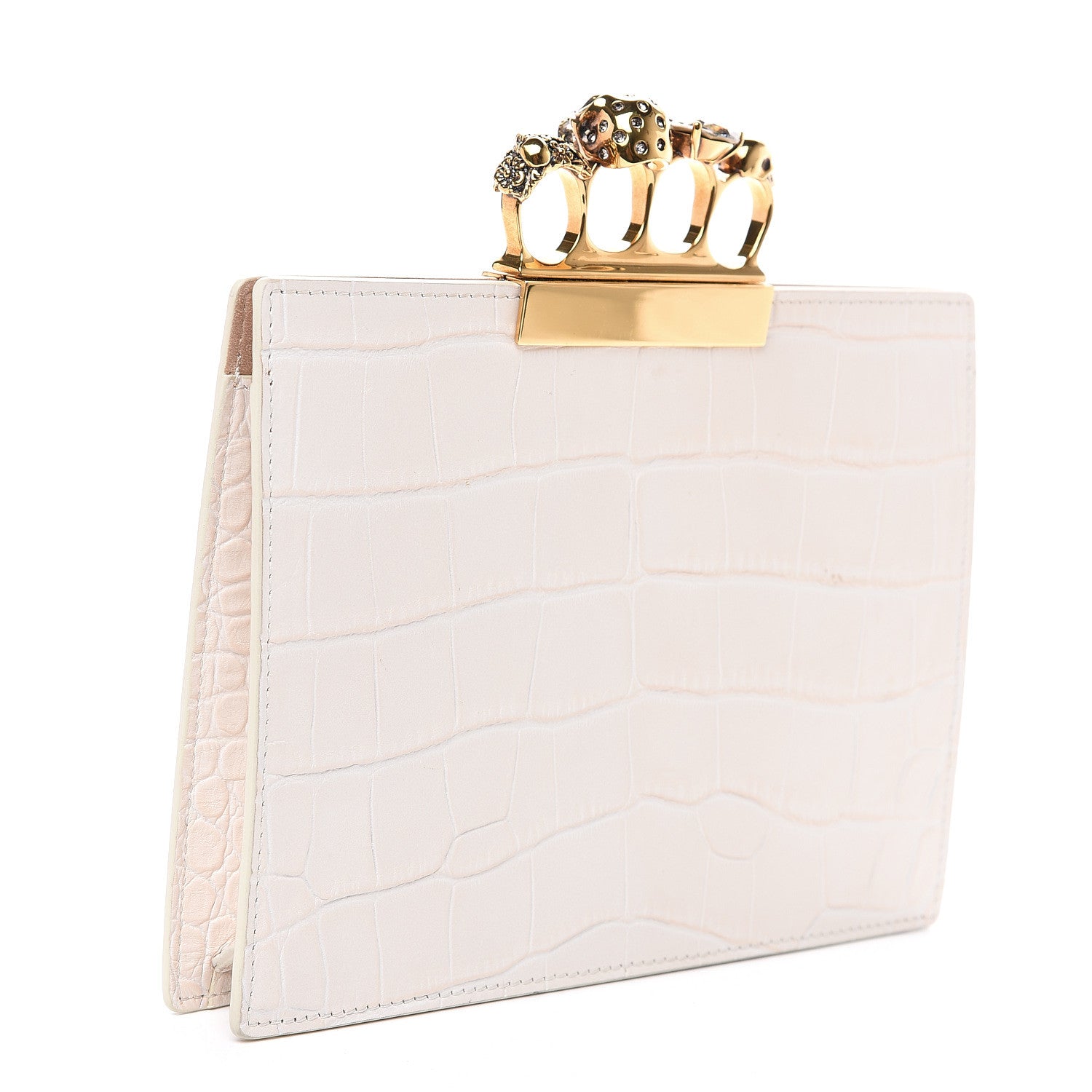 Alexander McQueen Calfskin Crocodile Embossed Knuckle Flat Clutch Ivory 2 of 10