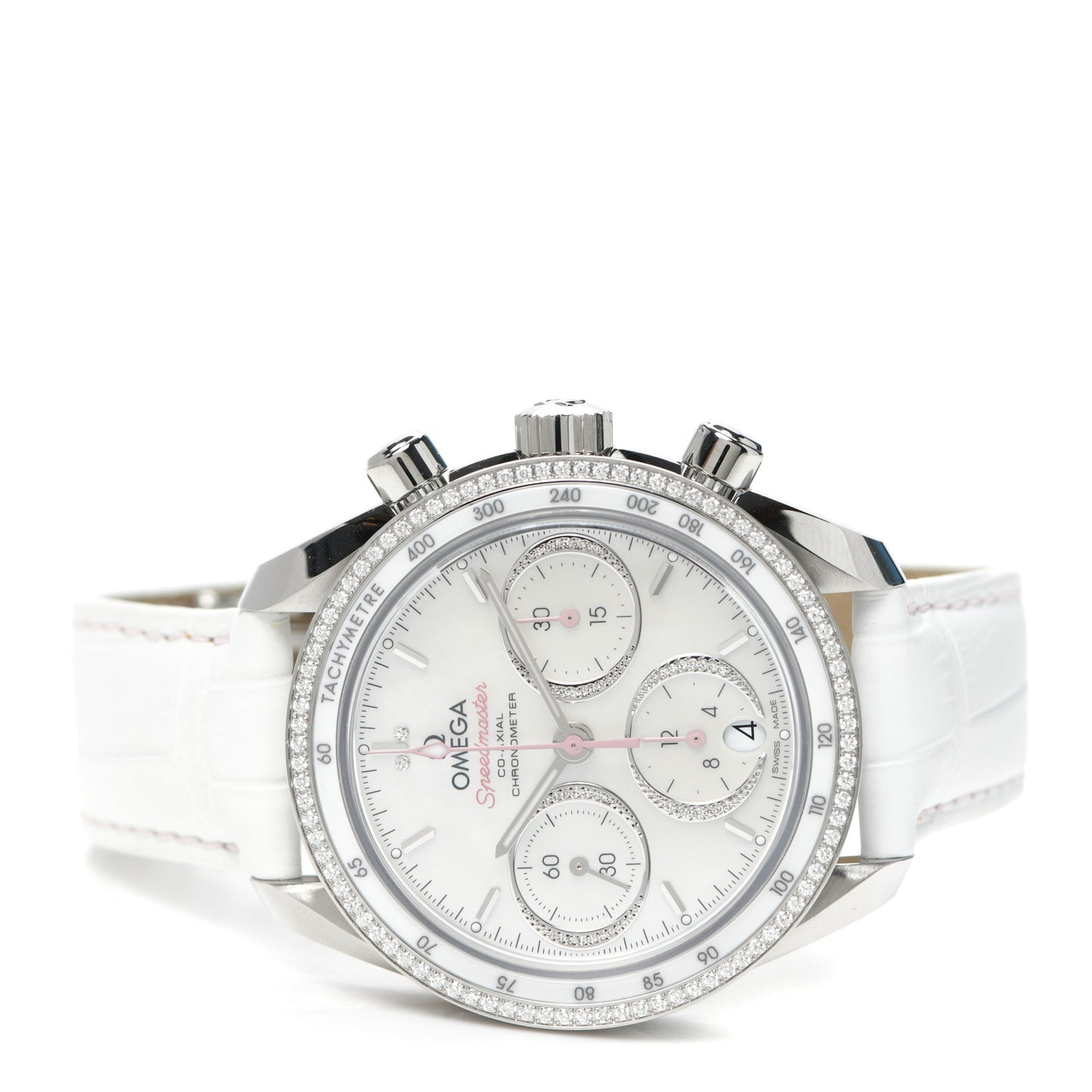 Stainless Steel Alligator Diamond Bezel Mother of Pearl 38mm Speedmaster Chronograph Automatic Watch White 324.38.38.50.55.001