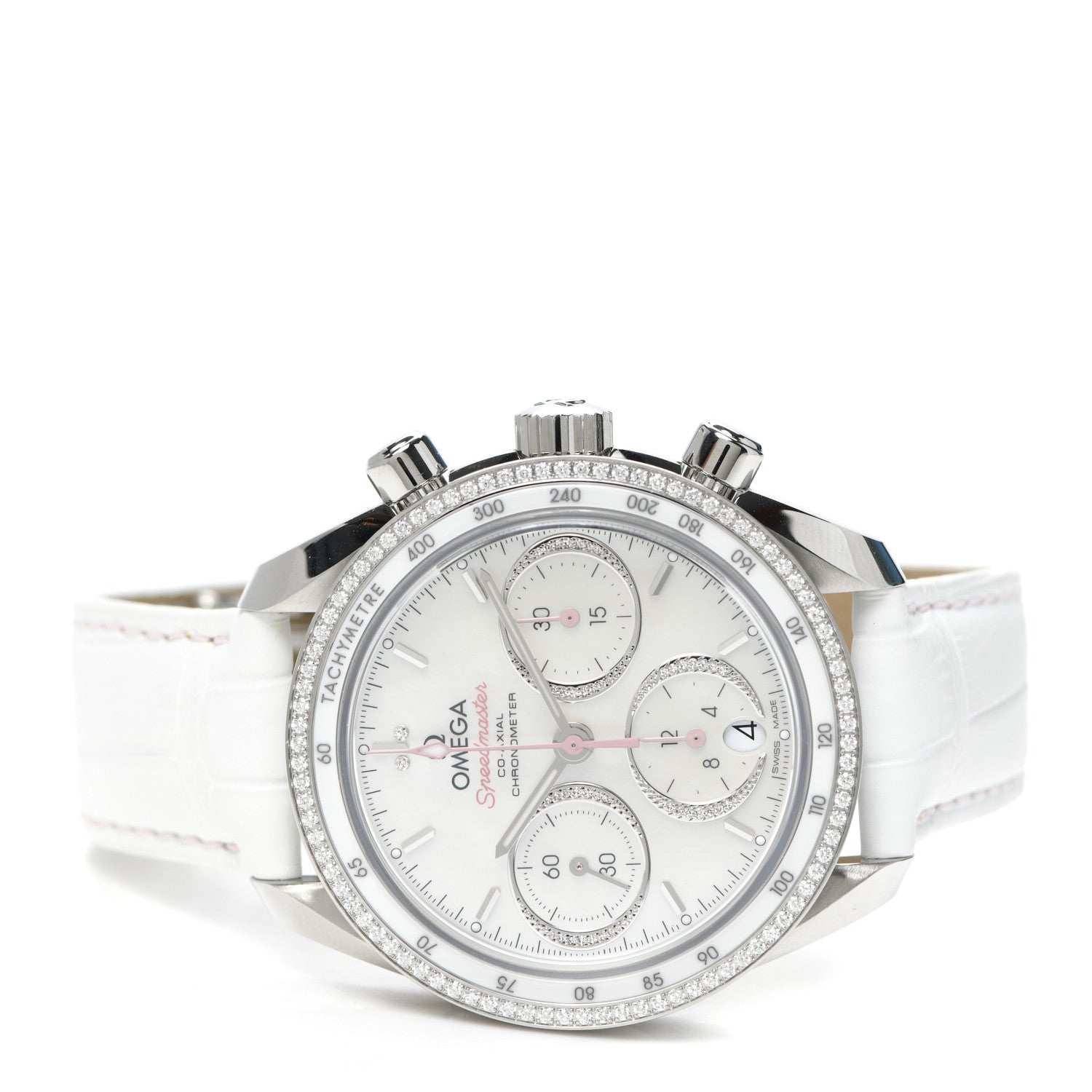 Omega Stainless Steel Alligator Diamond Bezel Mother of Pearl 38mm Speedmaster Chronograph Automatic Watch White 324.38.38.50.55.001 2 of 6