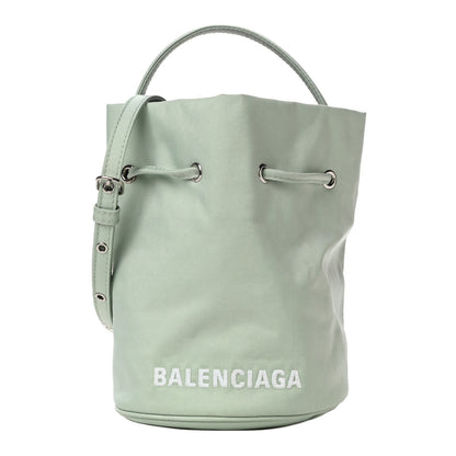Balenciaga Recycled Sport Nylon Logo Embroidered Wheel Drawstring Bucket Bag Light Green White 1 of 9