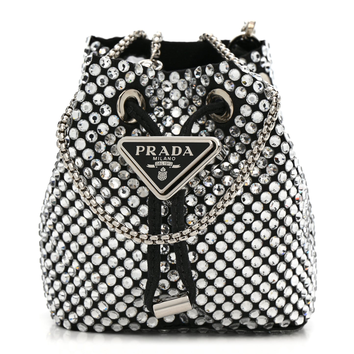 Satin Crystal Metal Triangle Logo Mini Drawcord Pouch Shoulder Bag Crystal