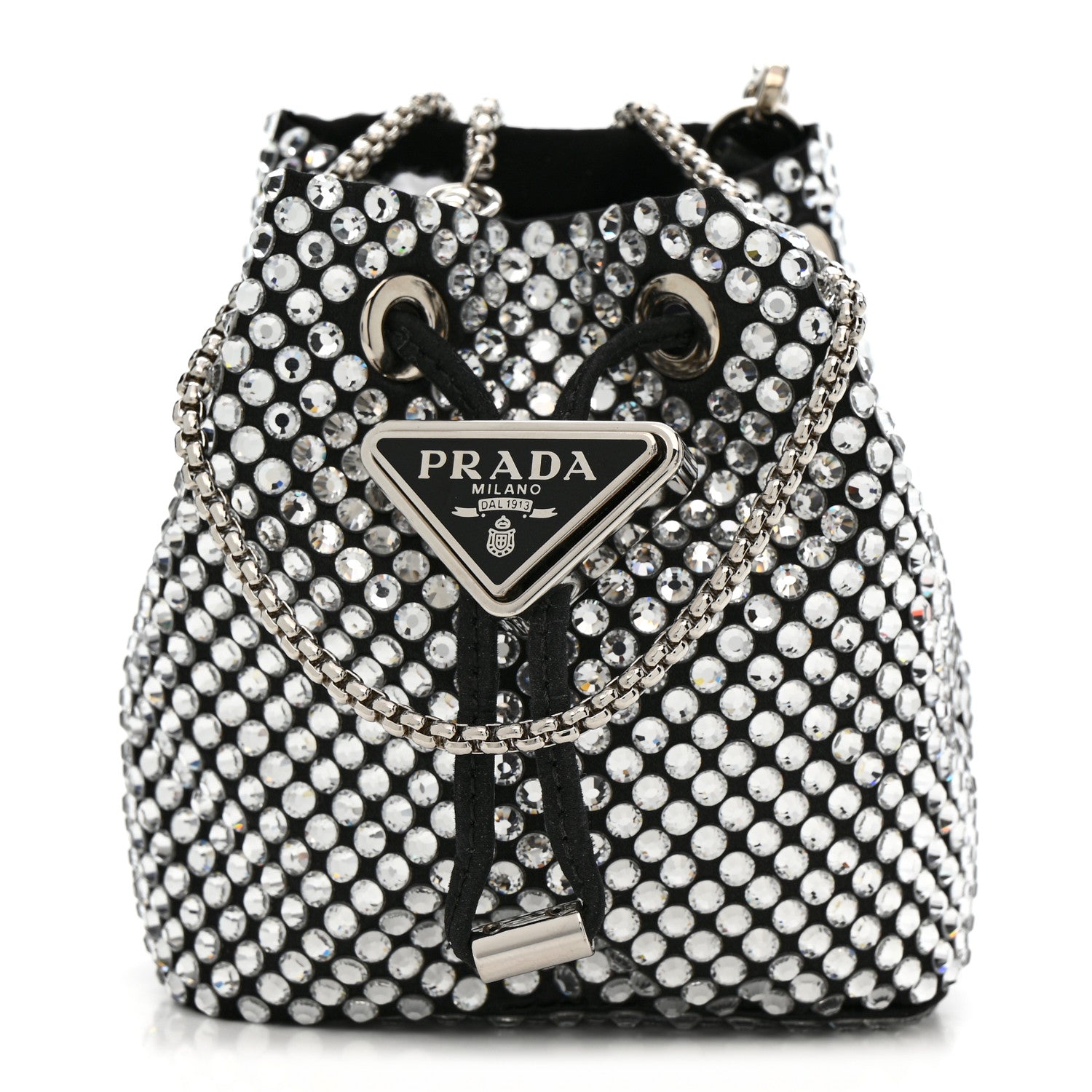 Prada Satin Crystal Metal Triangle Logo Mini Drawcord Pouch Shoulder Bag Crystal 1 of 11