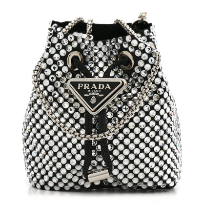 Prada Satin Crystal Metal Triangle Logo Mini Drawcord Pouch Shoulder Bag Crystal 1 of 11