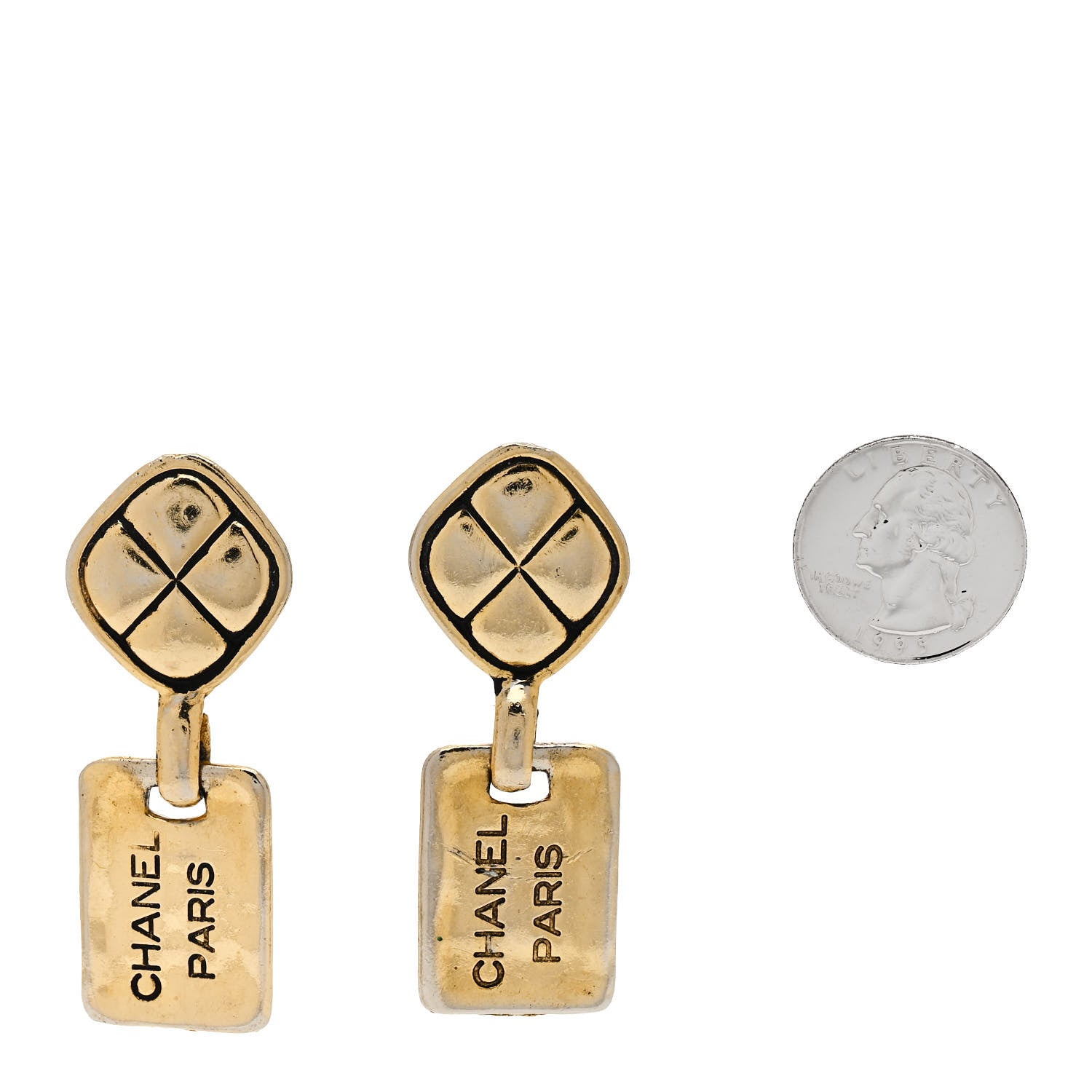Chanel Metal Quilted Tag Drop Clip On Earrings Gold 2 of 4