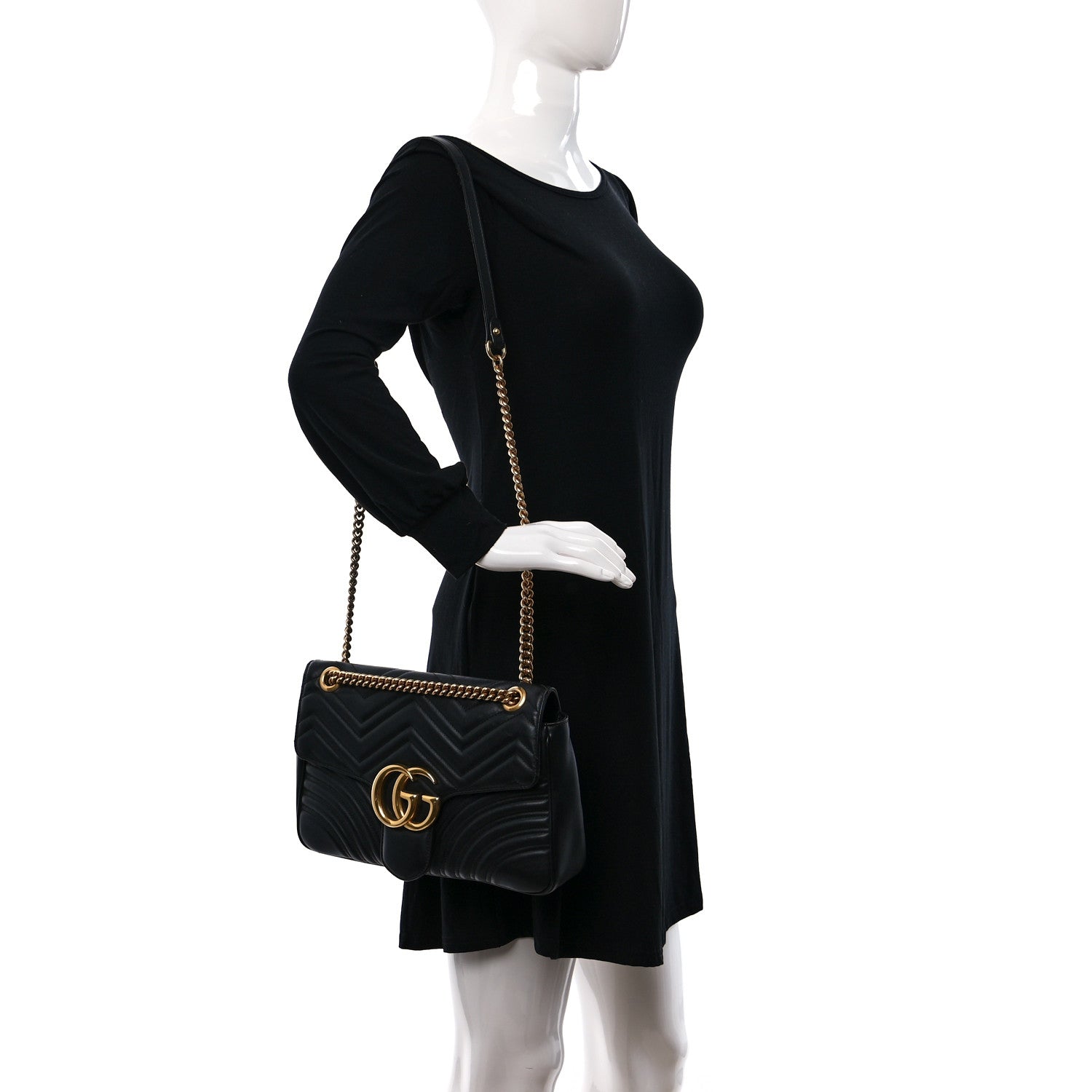 Gucci Calfskin Matelasse Medium GG Marmont Shoulder Bag Black 2 of 13