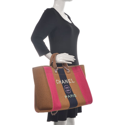 Chanel Straw Raffia Calfskin Striped Large Deauville Tote Dark Beige Fuchsia Navy Blue 2 of 12