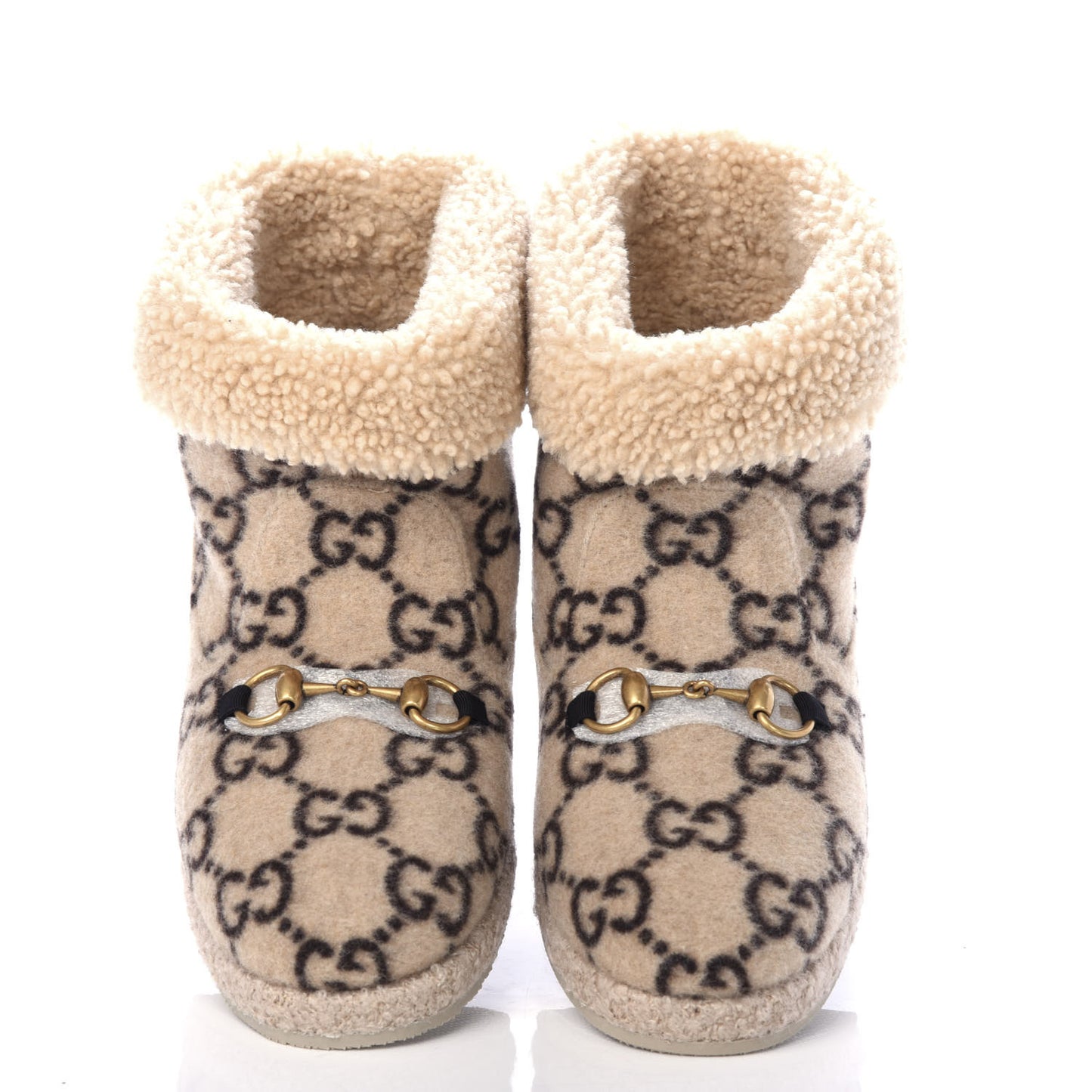 Covered Wool GG Monogram Womens Fria Horsebit Ankle Boots 41 Beige Ebony Butterscotch