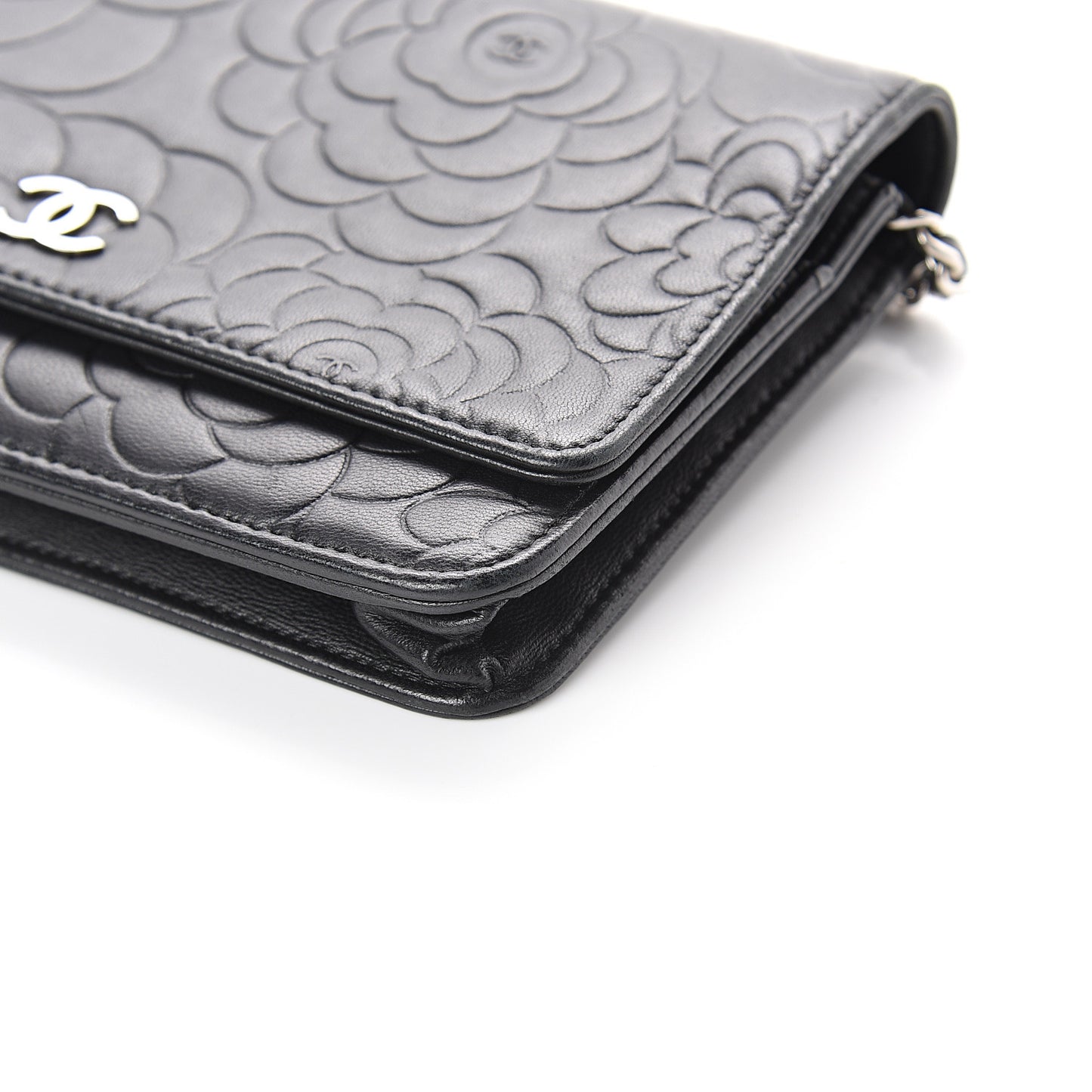 Lambskin Camellia Embossed Wallet on Chain WOC Black