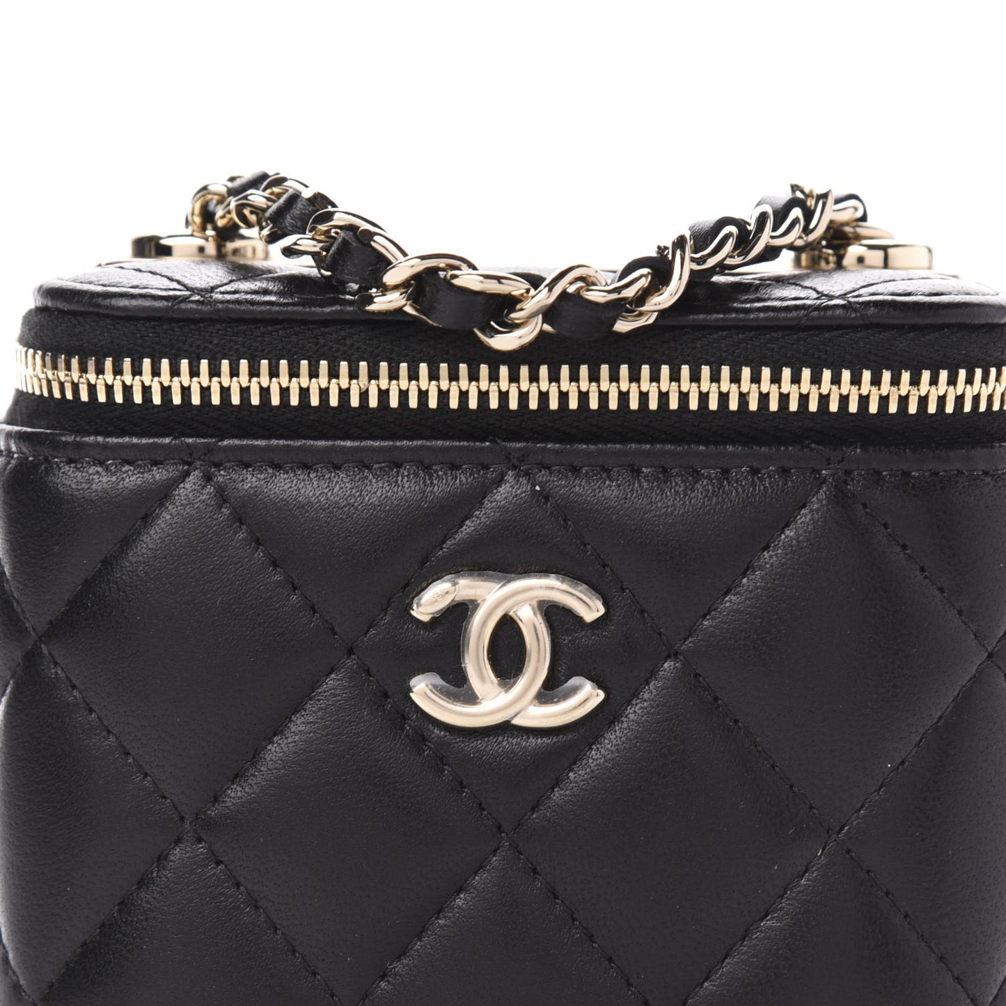 Lambskin Quilted Trendy Mini Vanity Case With Chain Black