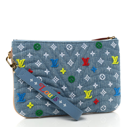Louis Vuitton Embroidered Monogram Denim New Wave Zipped Pochette Blue 3 of 6